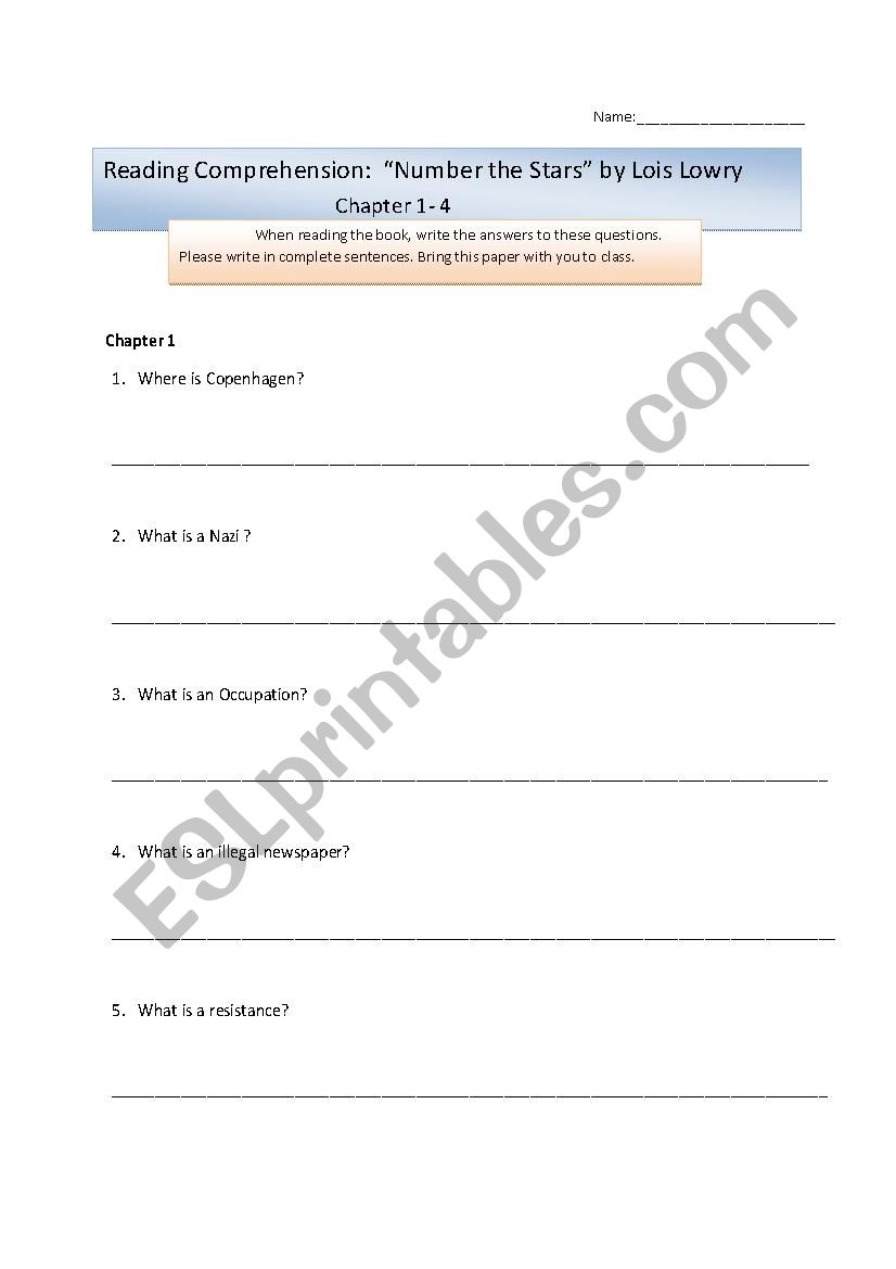 Reading Comprehension Question Number The Stars Chapter 1 4 Esl Worksheet By Molly85wood