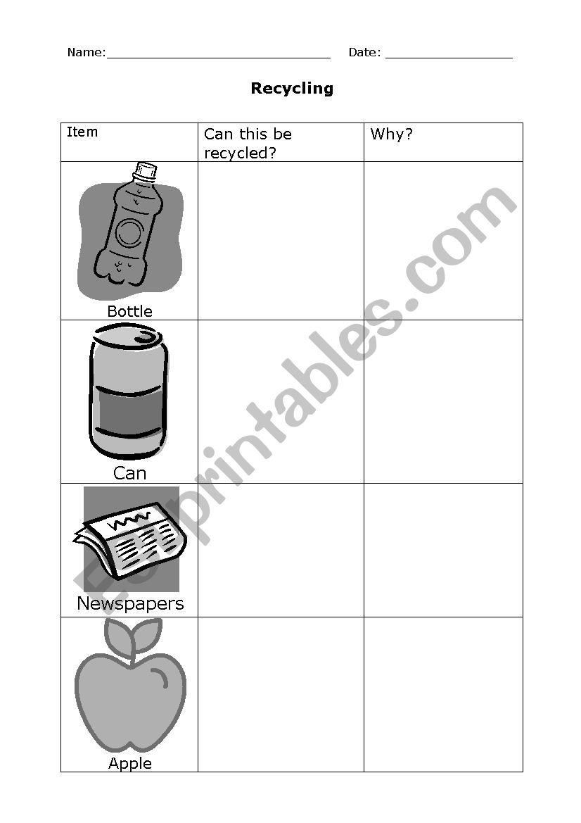 Simple Recycling Questions worksheet