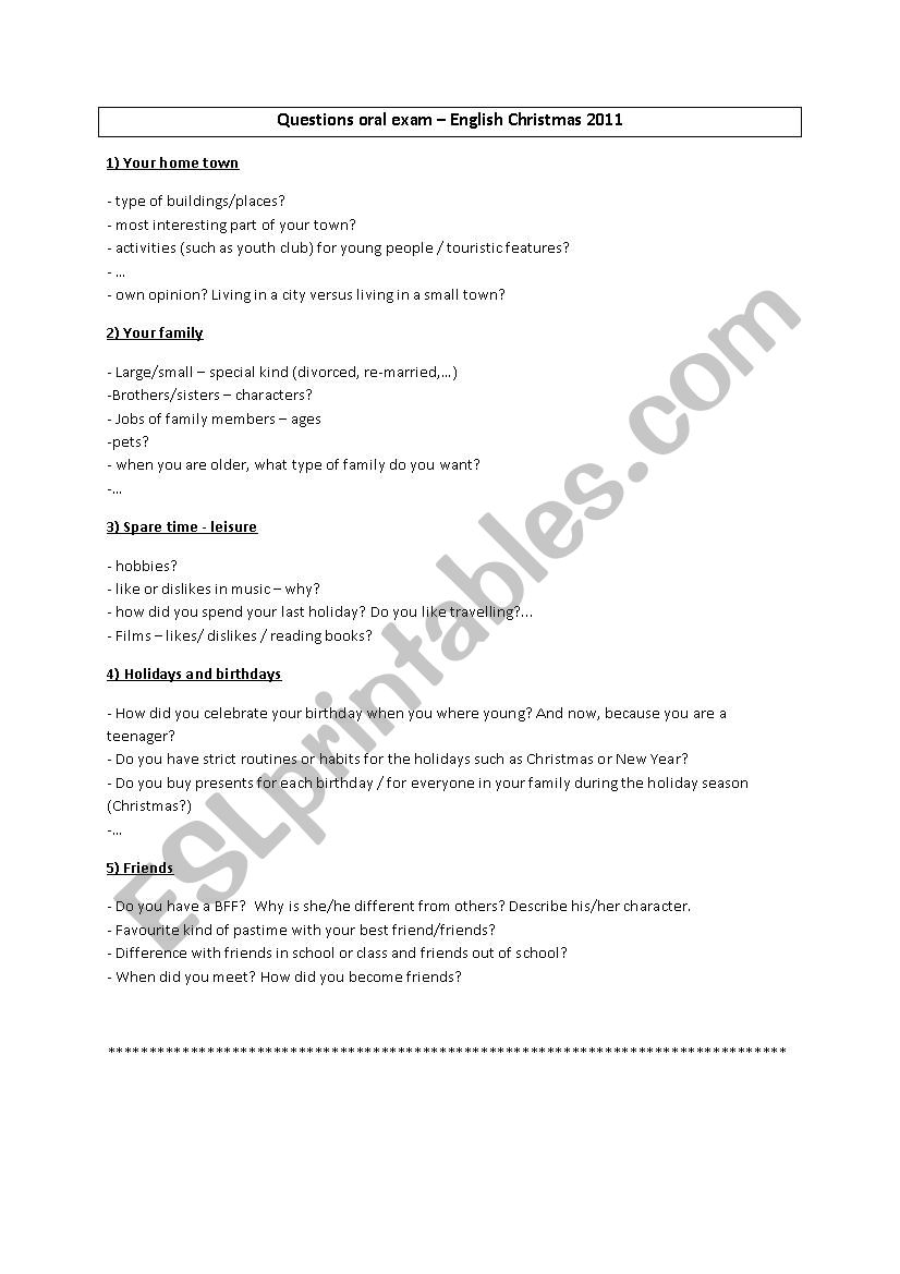 Questions Oral exam  worksheet