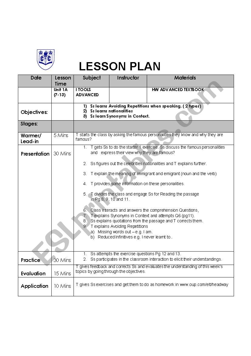 New Headway - Advance Level - Lesson Plan - Unit 1 part  A