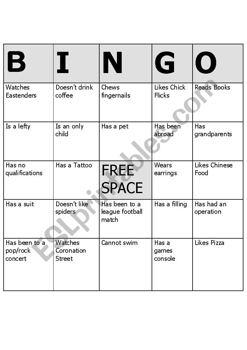 Bingo worksheet