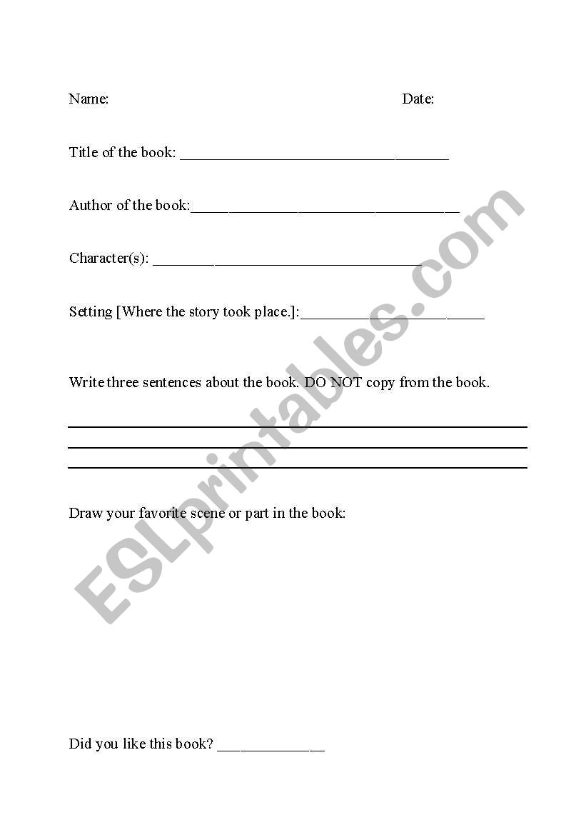 Elementary Book Report worksheet