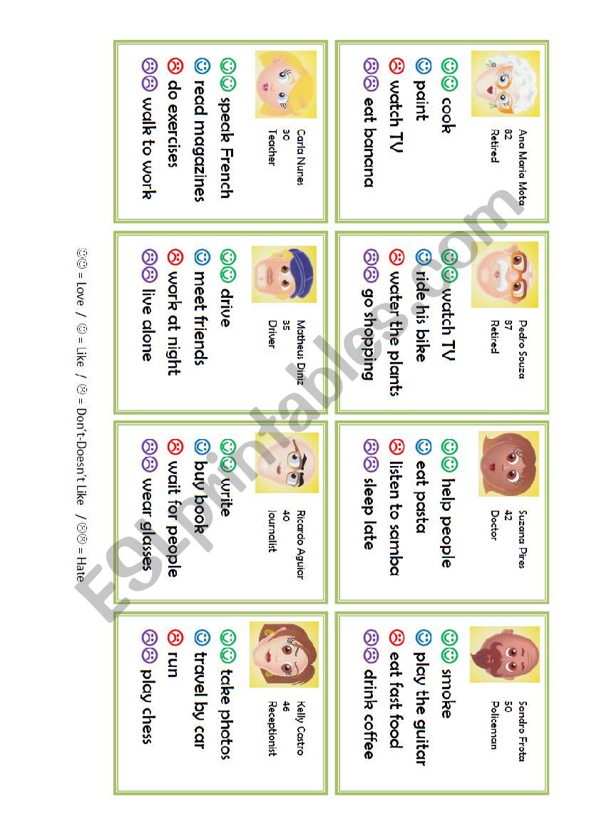 Speaking Cards Likes And Dislikes preferences ESL Worksheet By 