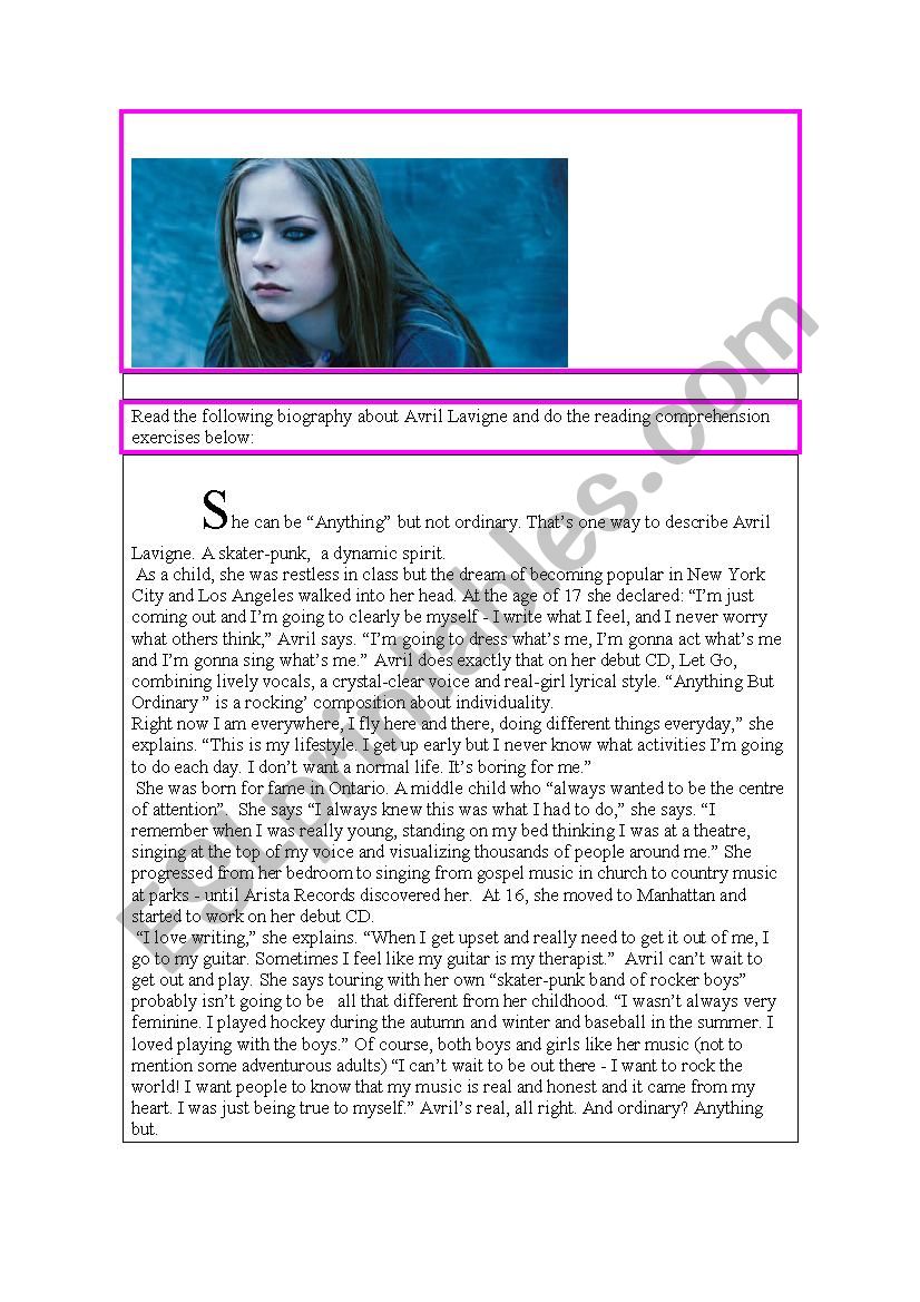 Avril Lavigne worksheet