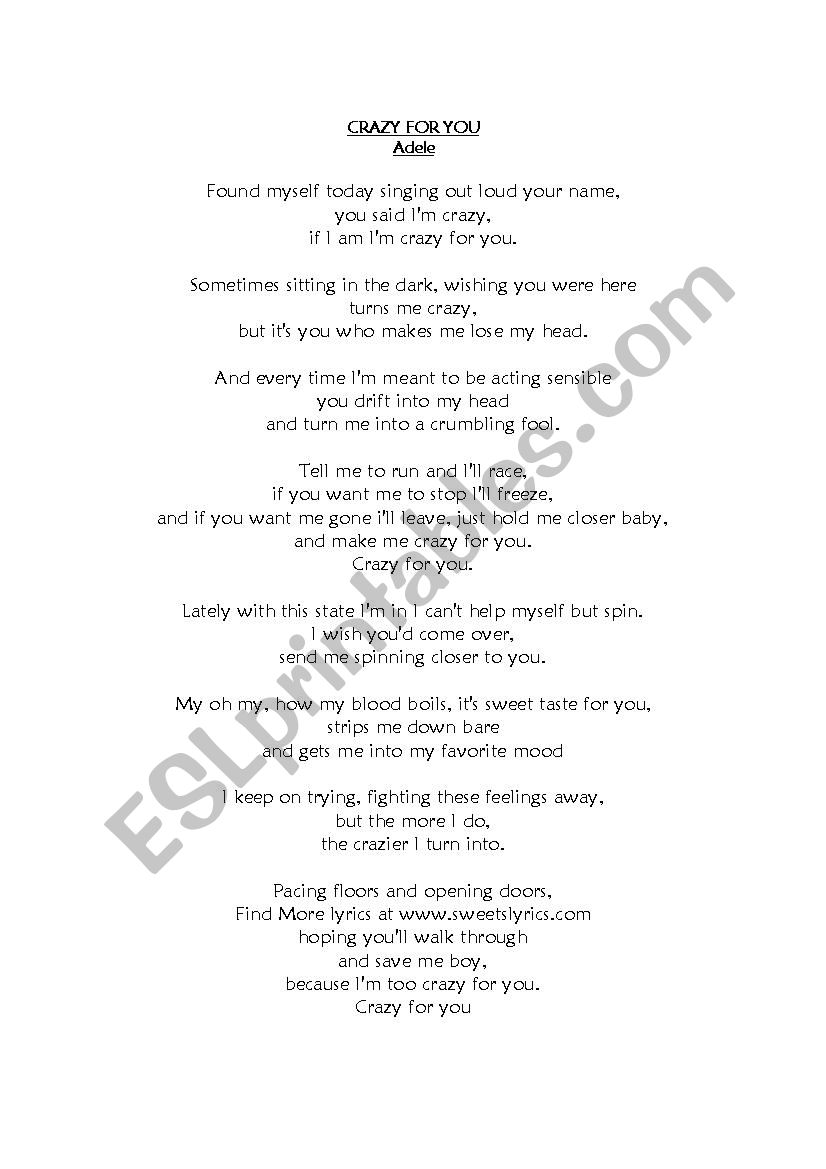 Crazy For You Adele Esl Worksheet By Mgdayan