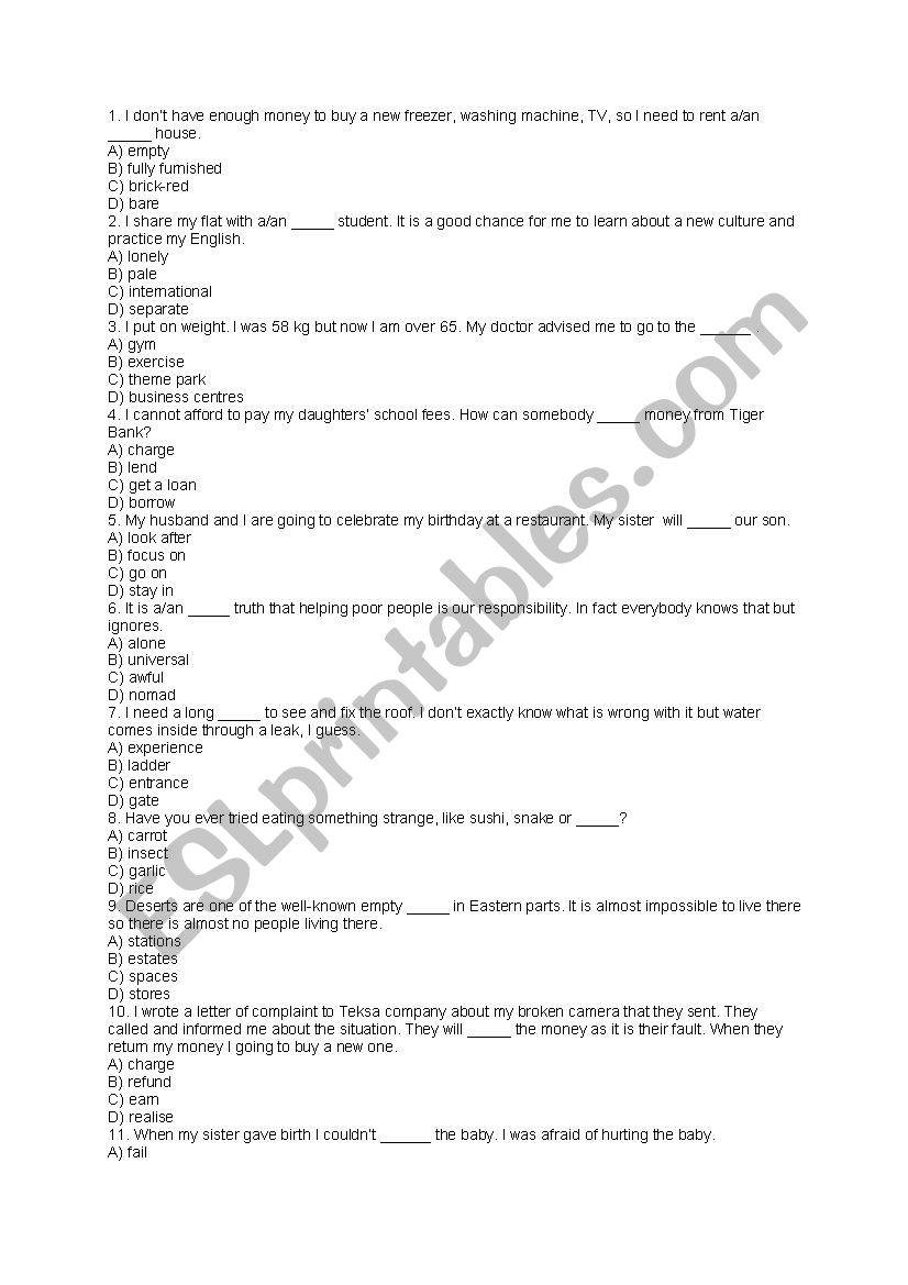 vocabulary test worksheet