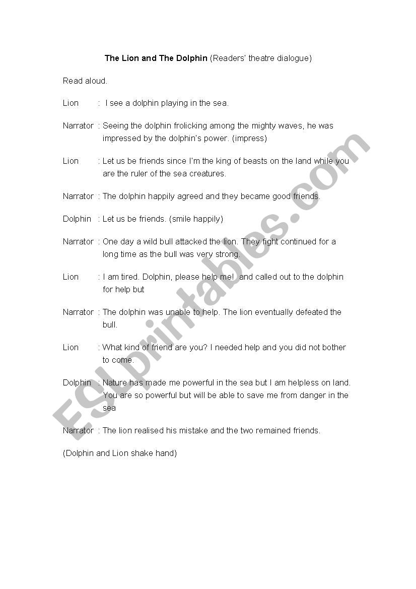 The Lion and the dolphin worksheet