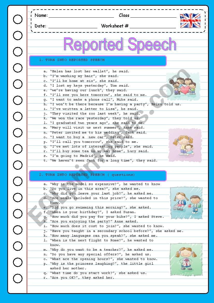 english grammar worksheets on reported speech
