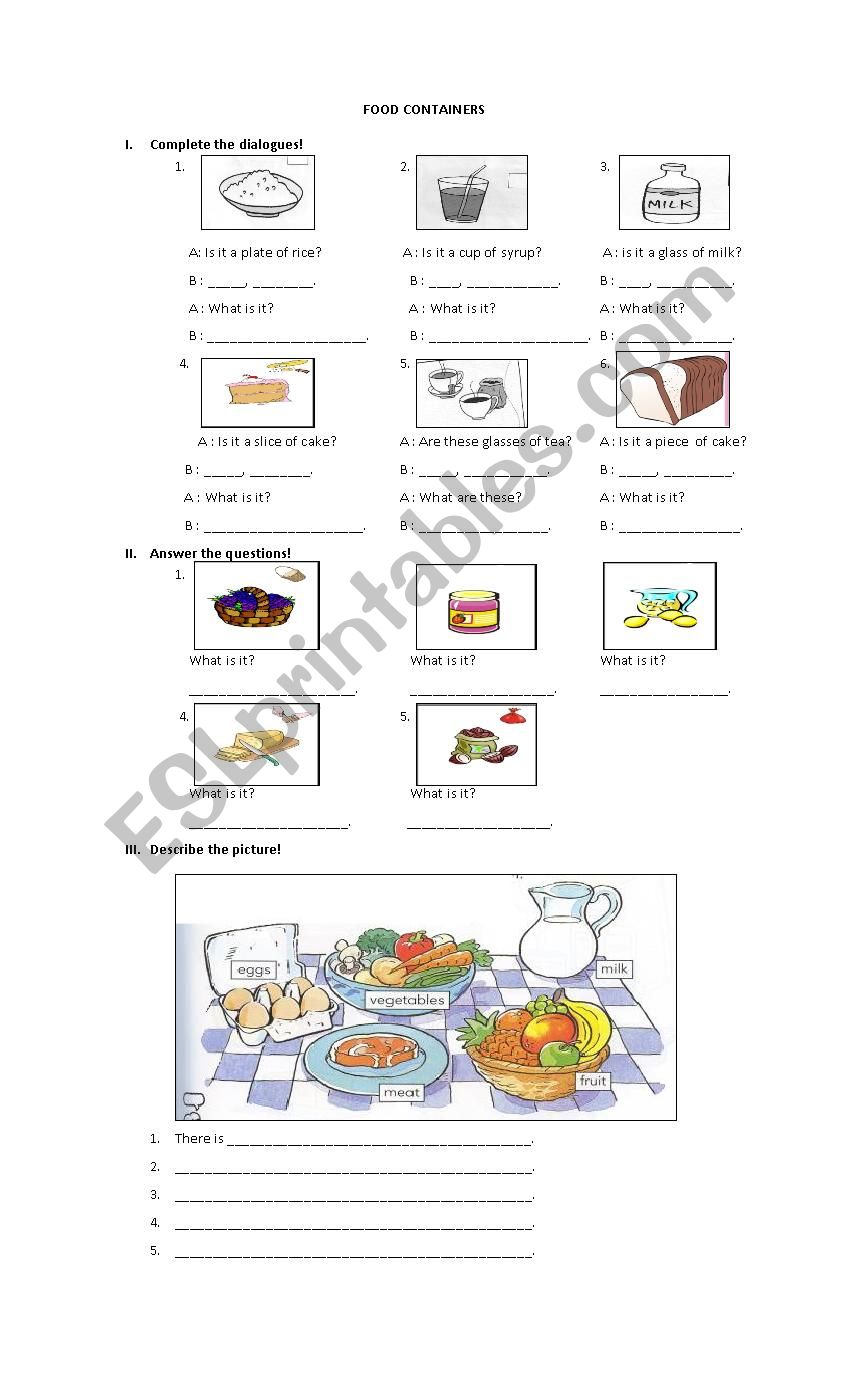 Food containers worksheet