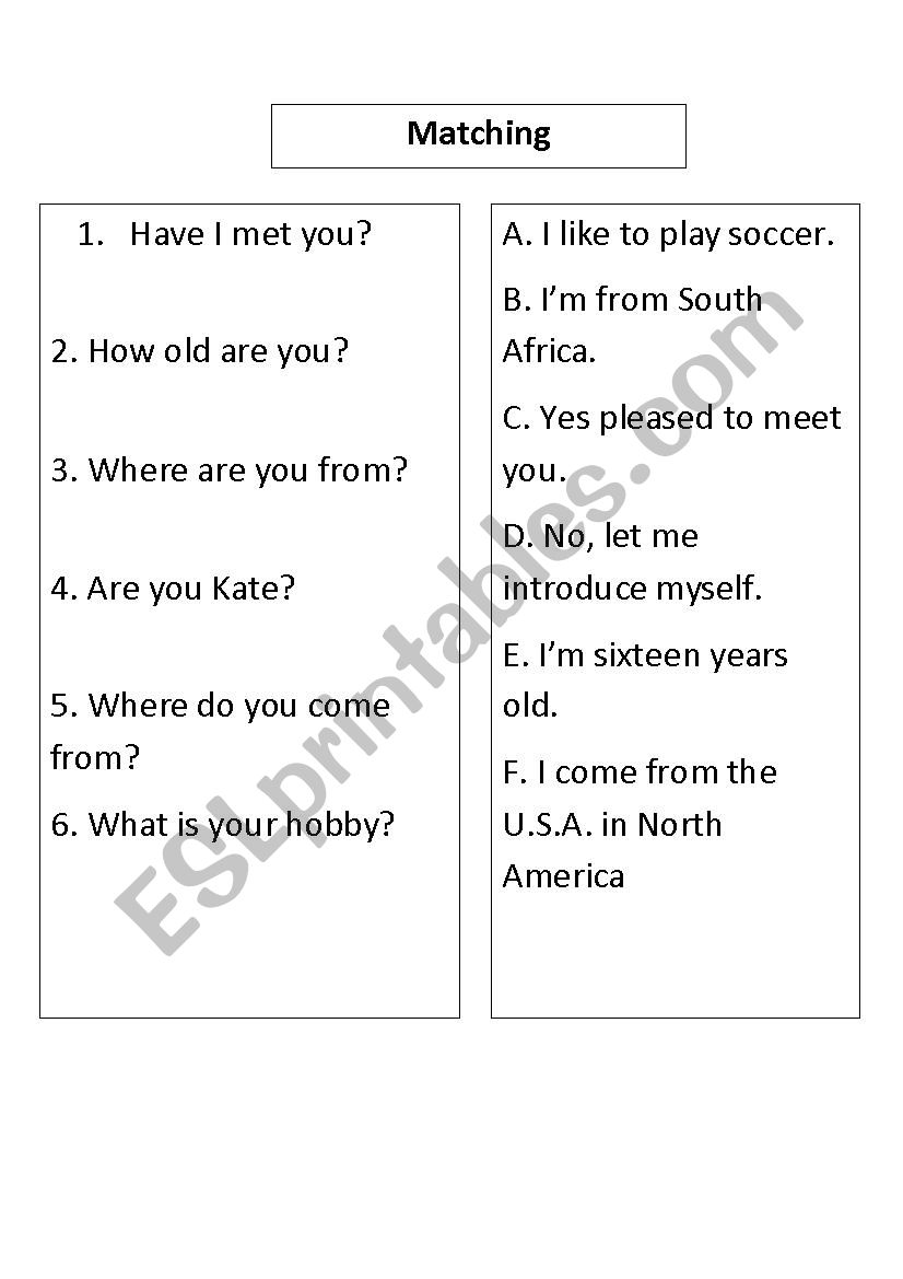 Introduction Matching Sheet worksheet