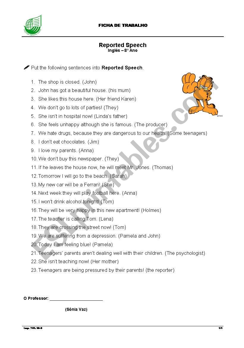 reported speech exercises worksheet