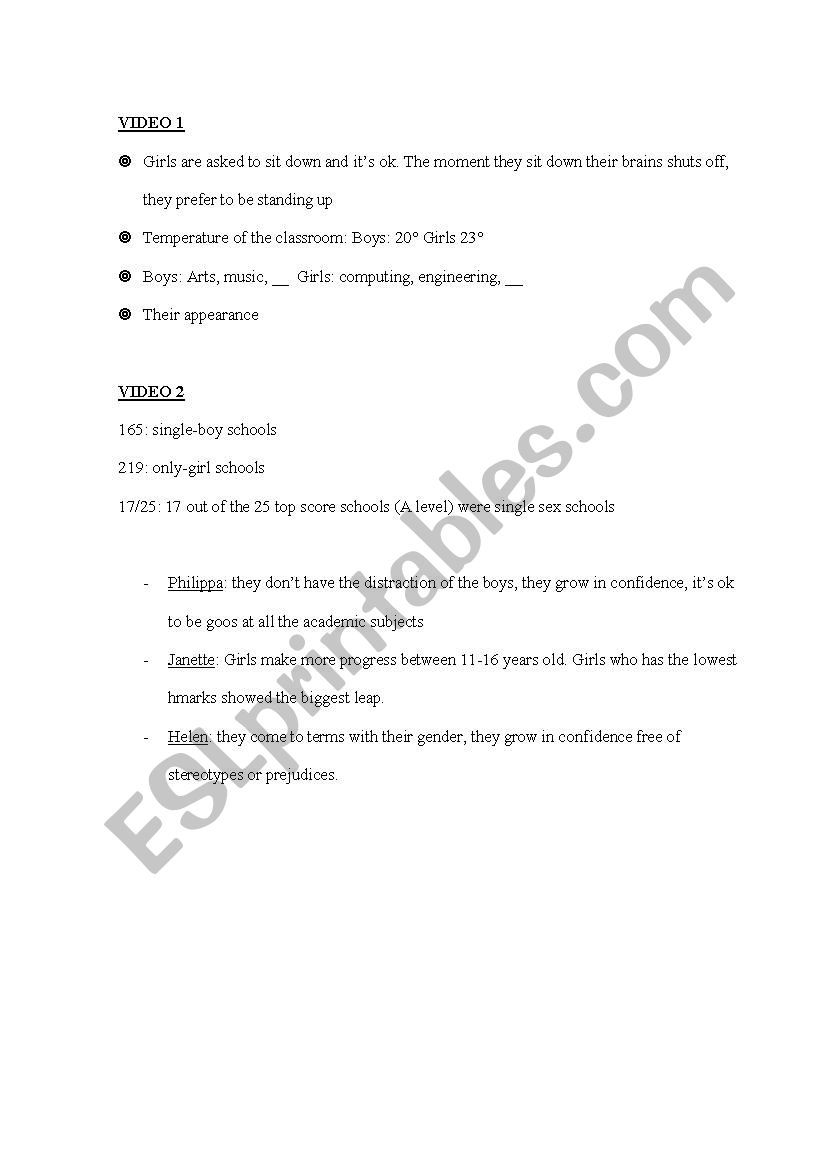 SINGLE SEX vs MIXED SEX EDUCATION - ESL worksheet by Laura Helena