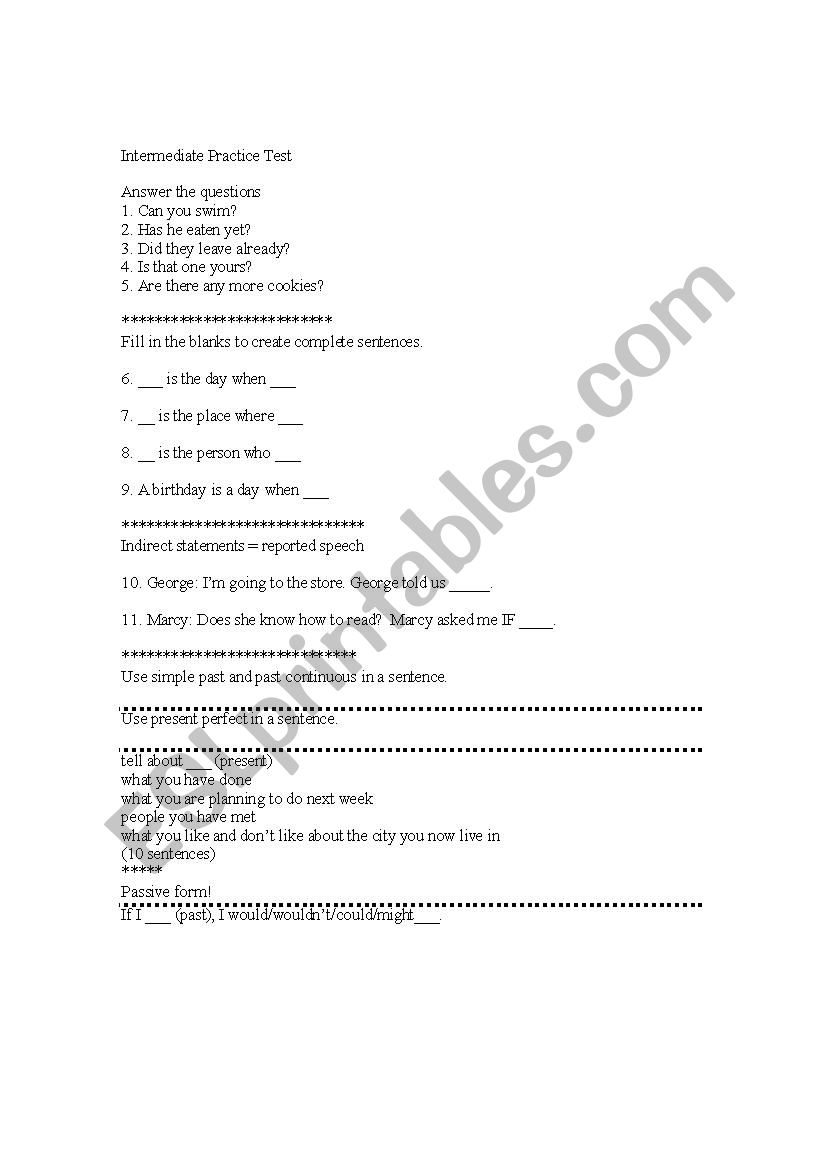 Intermediate Practice Test worksheet