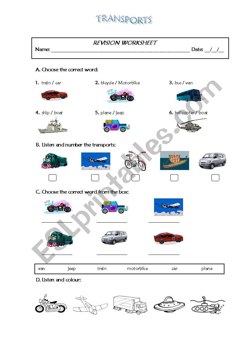 Transports Revision Worksheet worksheet