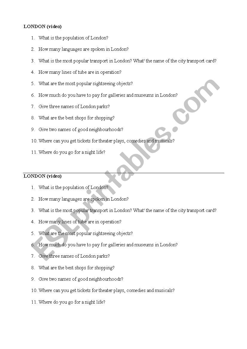 Questions about London worksheet