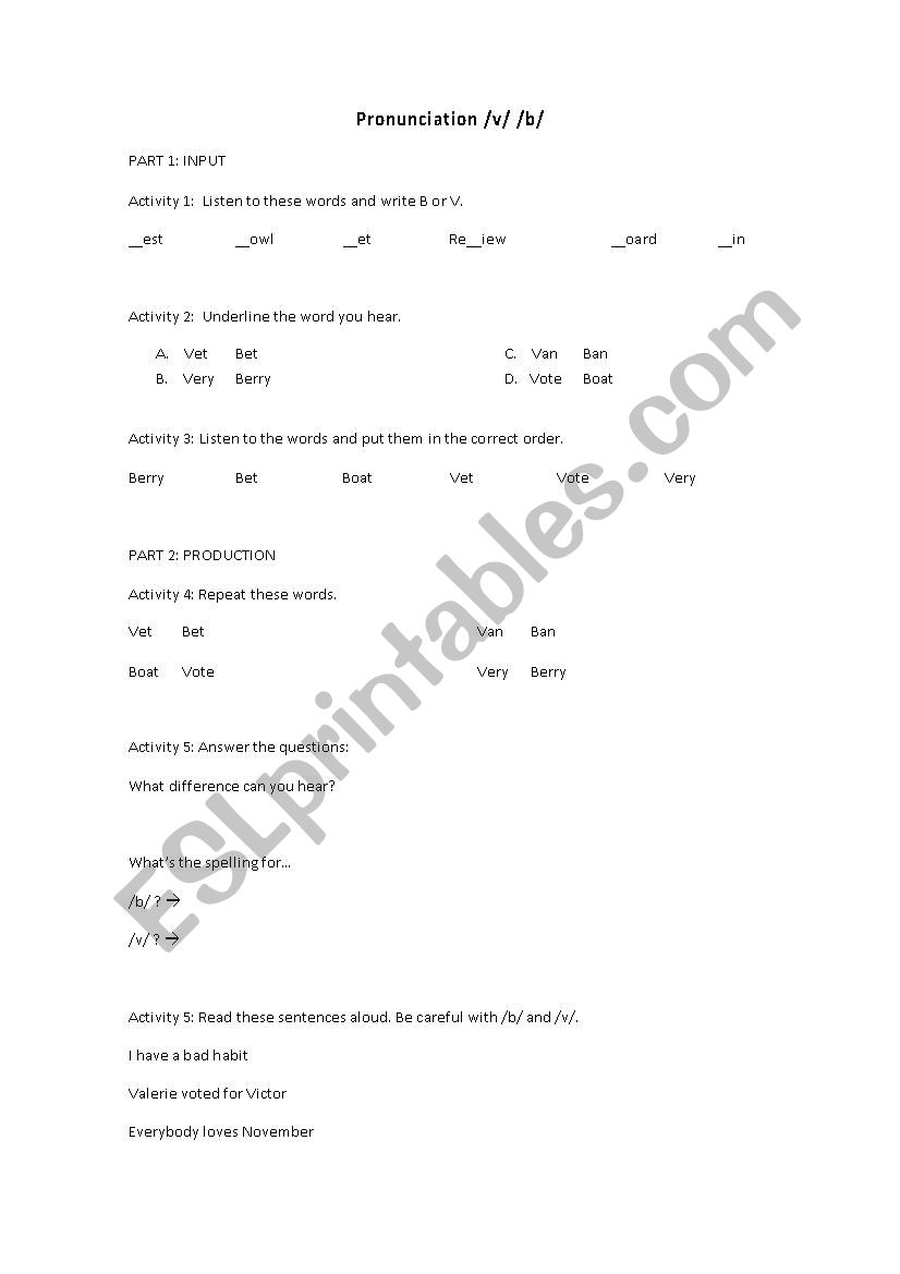 pronunciation  B - V worksheet