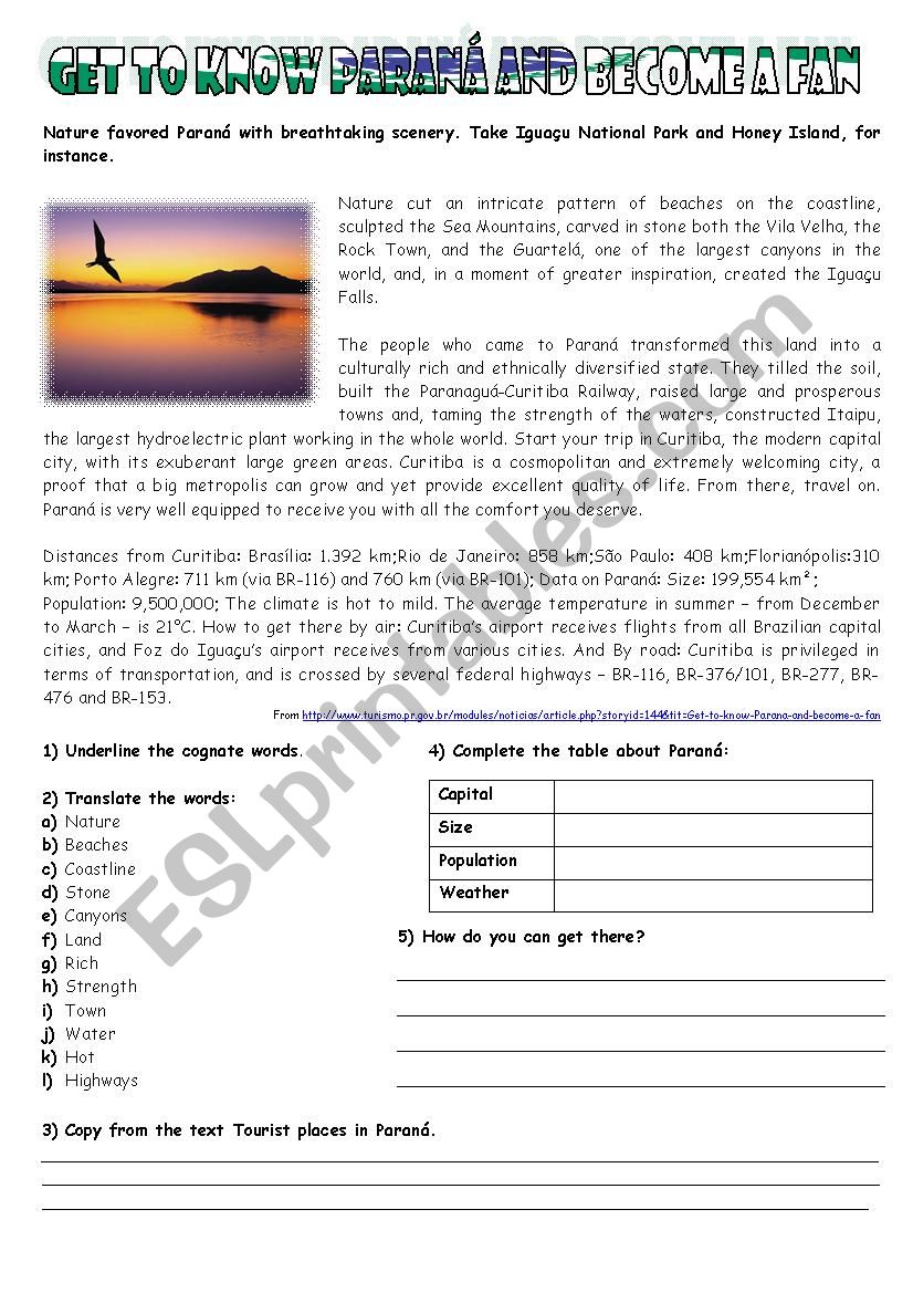 Get to know Paraná and become a fan! - ESL worksheet by dany.faryas86