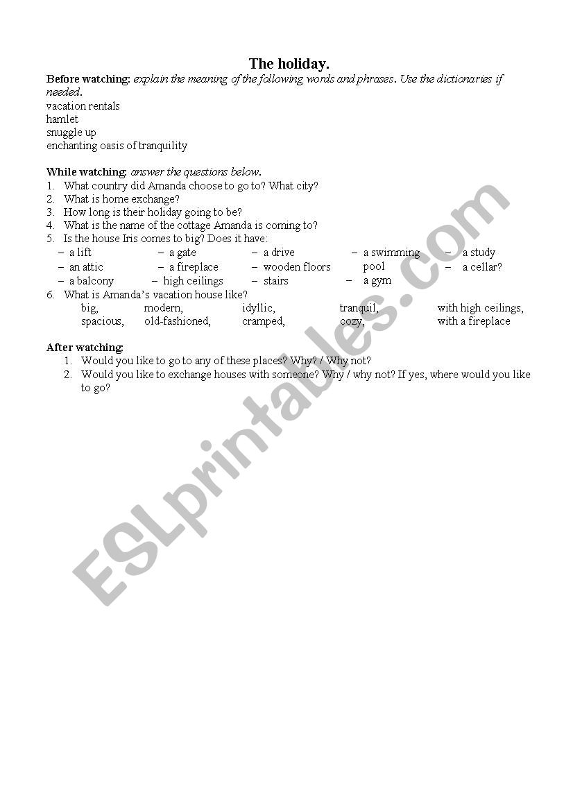 Home exchange worksheet