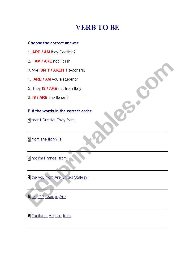 VERB TO BE worksheet