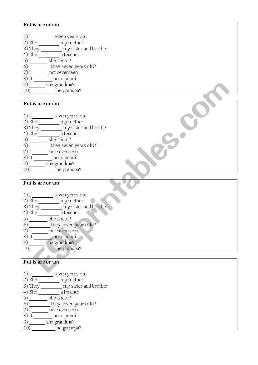 Is are or am?  worksheet