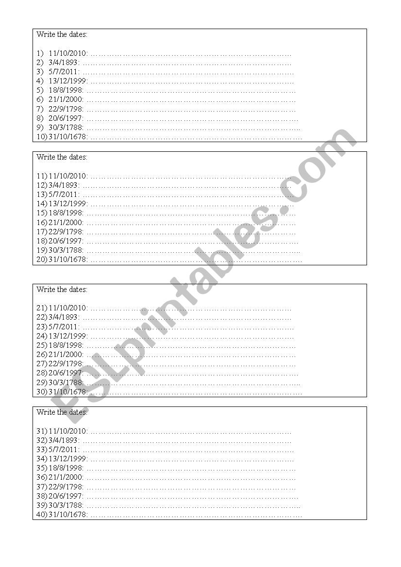 Dates  worksheet