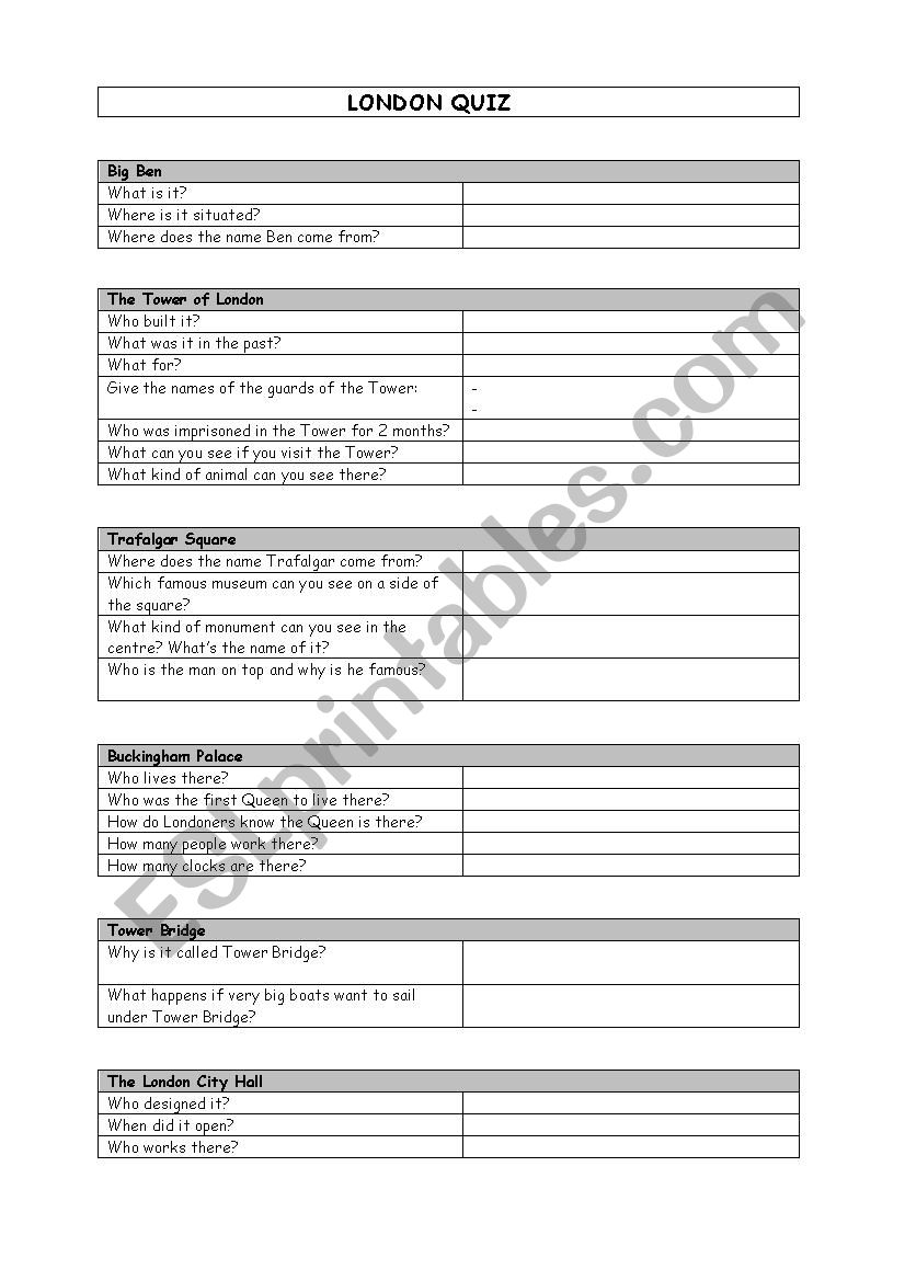 Lond quiz worksheet