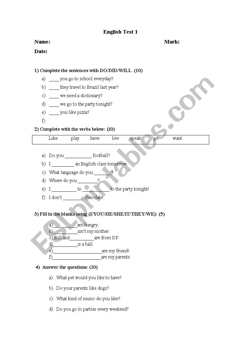 English Test for Begginers worksheet