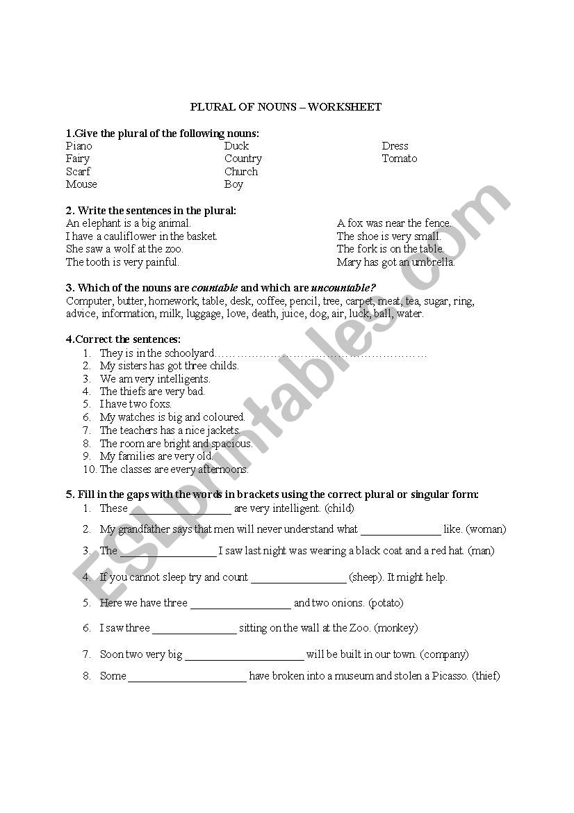 PLURAL OF NOUNS worksheet worksheet