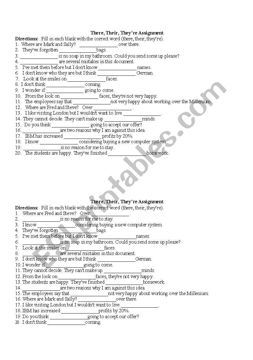 Theyre, Their, There Assessment - 2 to a page