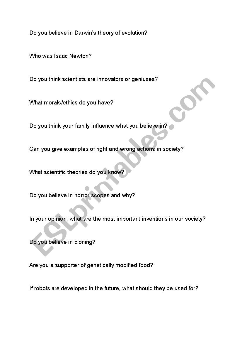 Science discussion questions worksheet