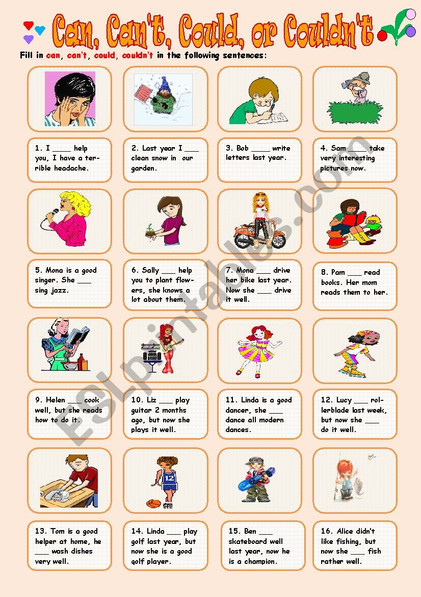 Can, Can´t, Could or Couldn´t - ESL worksheet by Tmk939