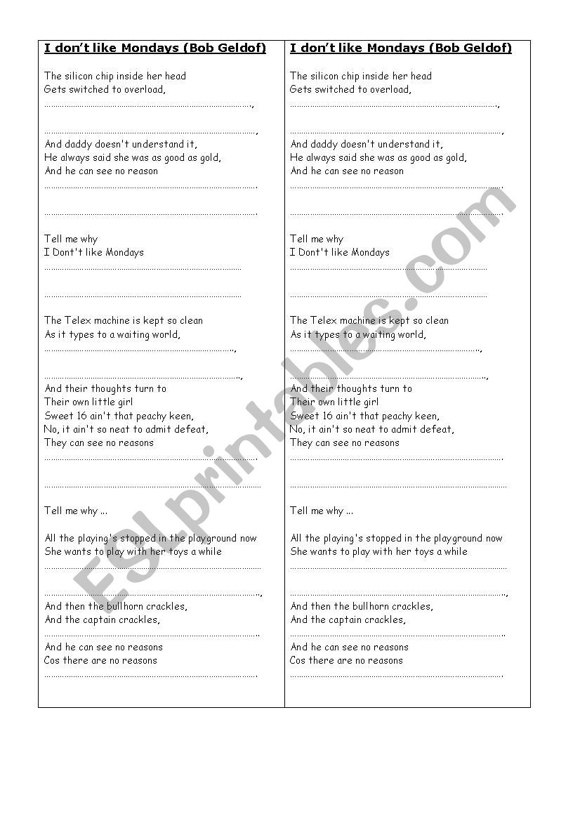 I Don´t Like Mondays - Esl Worksheet By Eli Elt