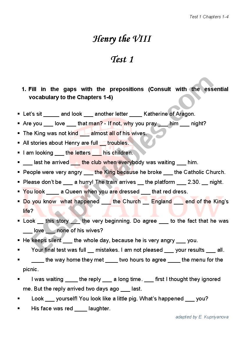 Henry the VIII aand his 6 wives - Progress Test 1 Chapters 1-4