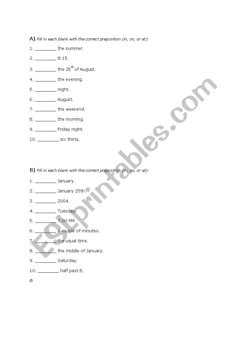 prepositions of time - test worksheet