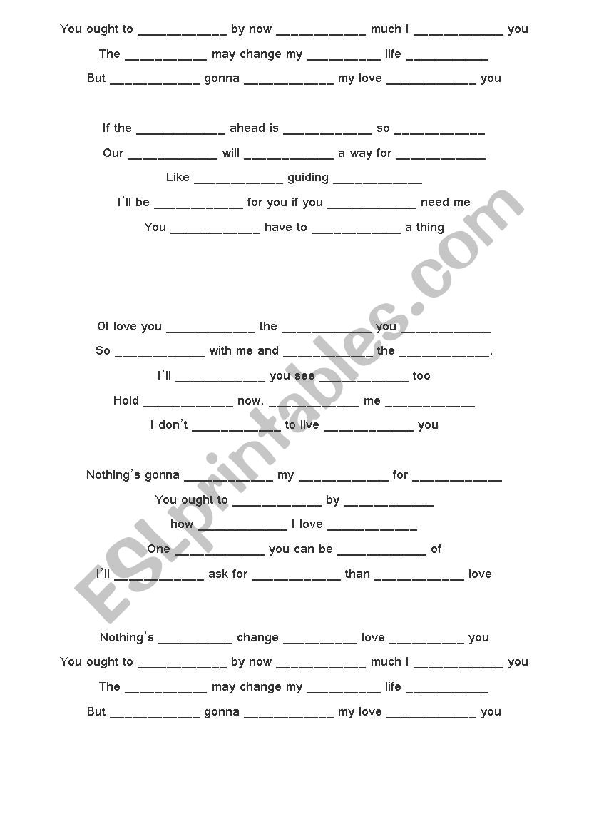 Nothing S Gonna Change My Love For You Westlife Esl Worksheet