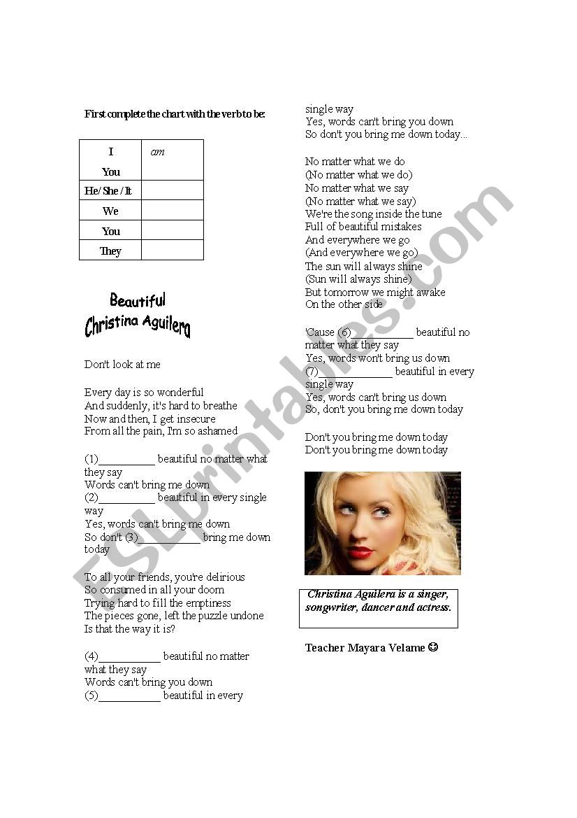 Song Worksheet - Beautiful Christina Aguilera