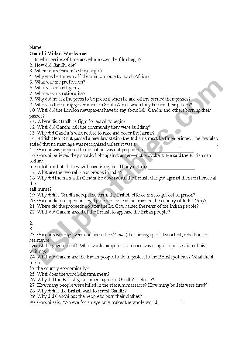 Ghandi Movie Worksheet worksheet