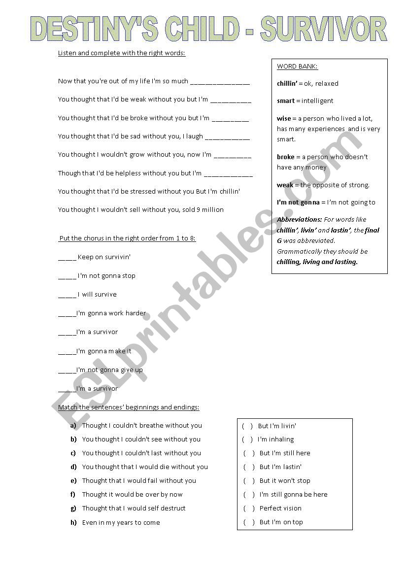 English worksheets: Survivor by Destiny´s Child Lyrics