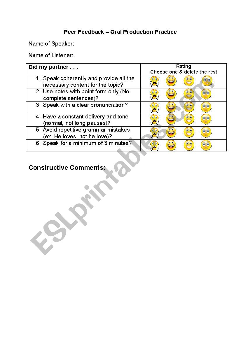 speech peer review worksheet