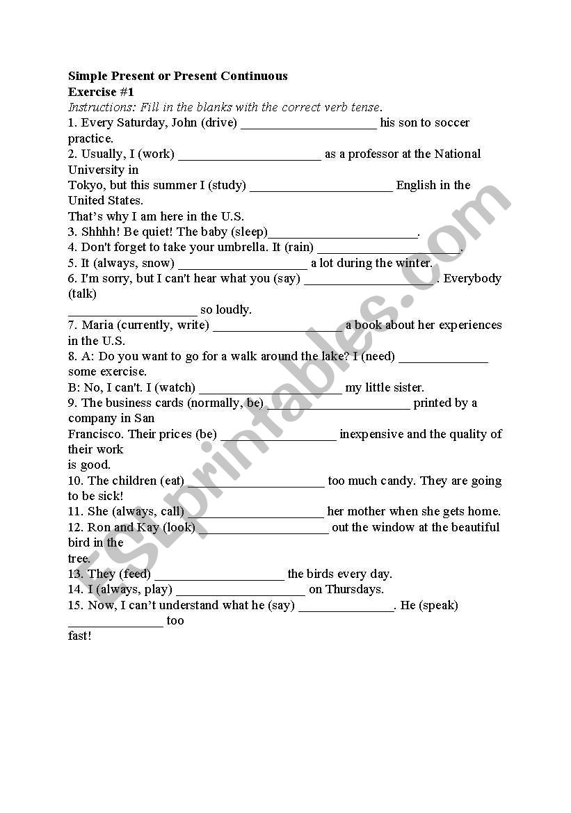 present continuous tense worksheet