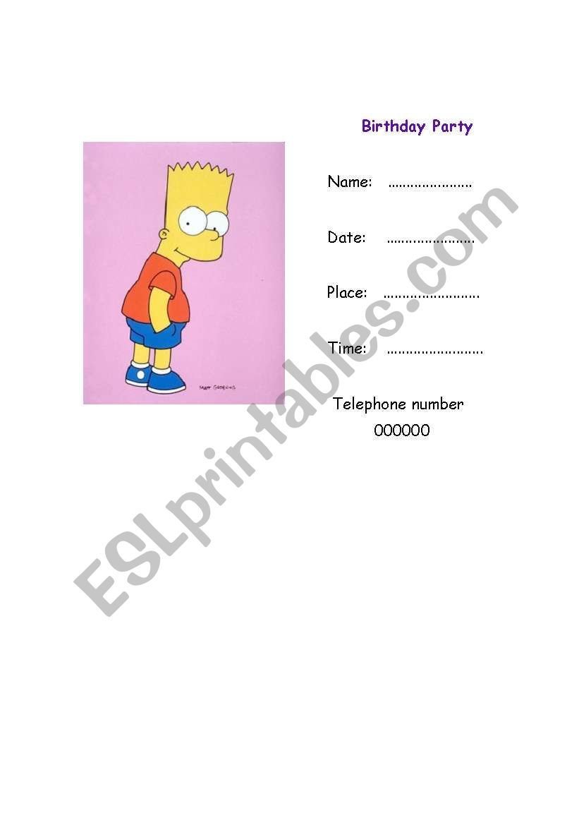 English worksheets: Invitation card to Birthday parties