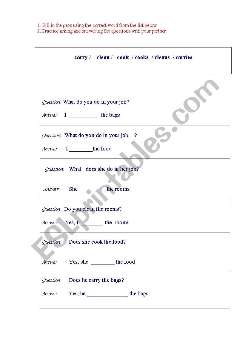 What do you do in your job? worksheet