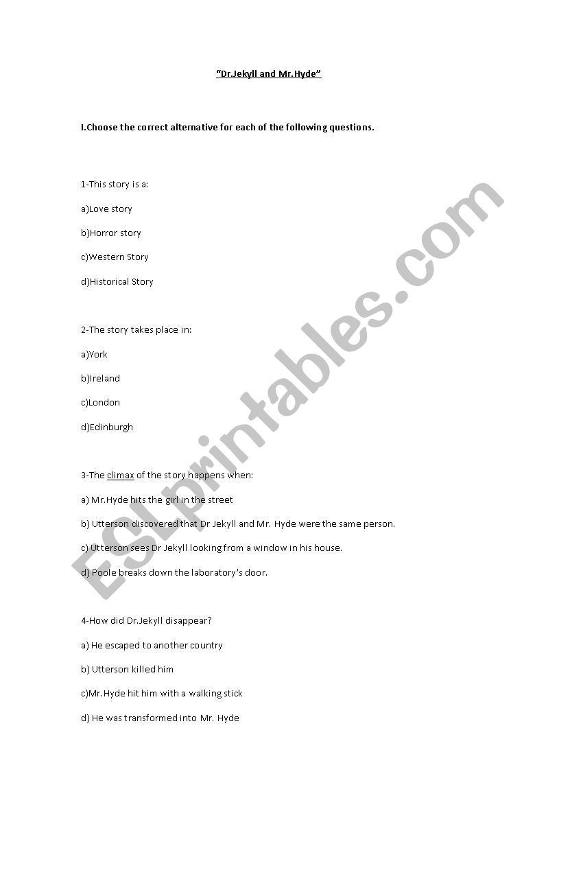 Dr Jekyl and Mr Hyde quiz worksheet