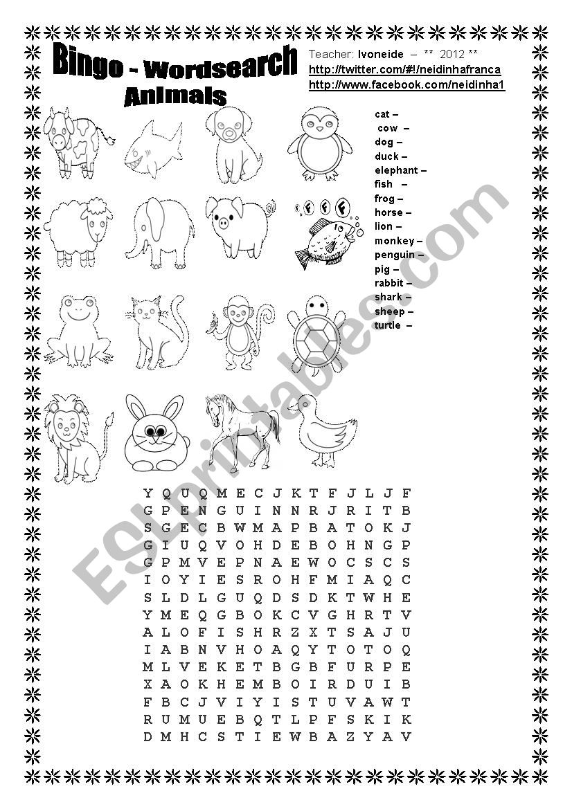 Bingo - Wordsearch - Animals worksheet