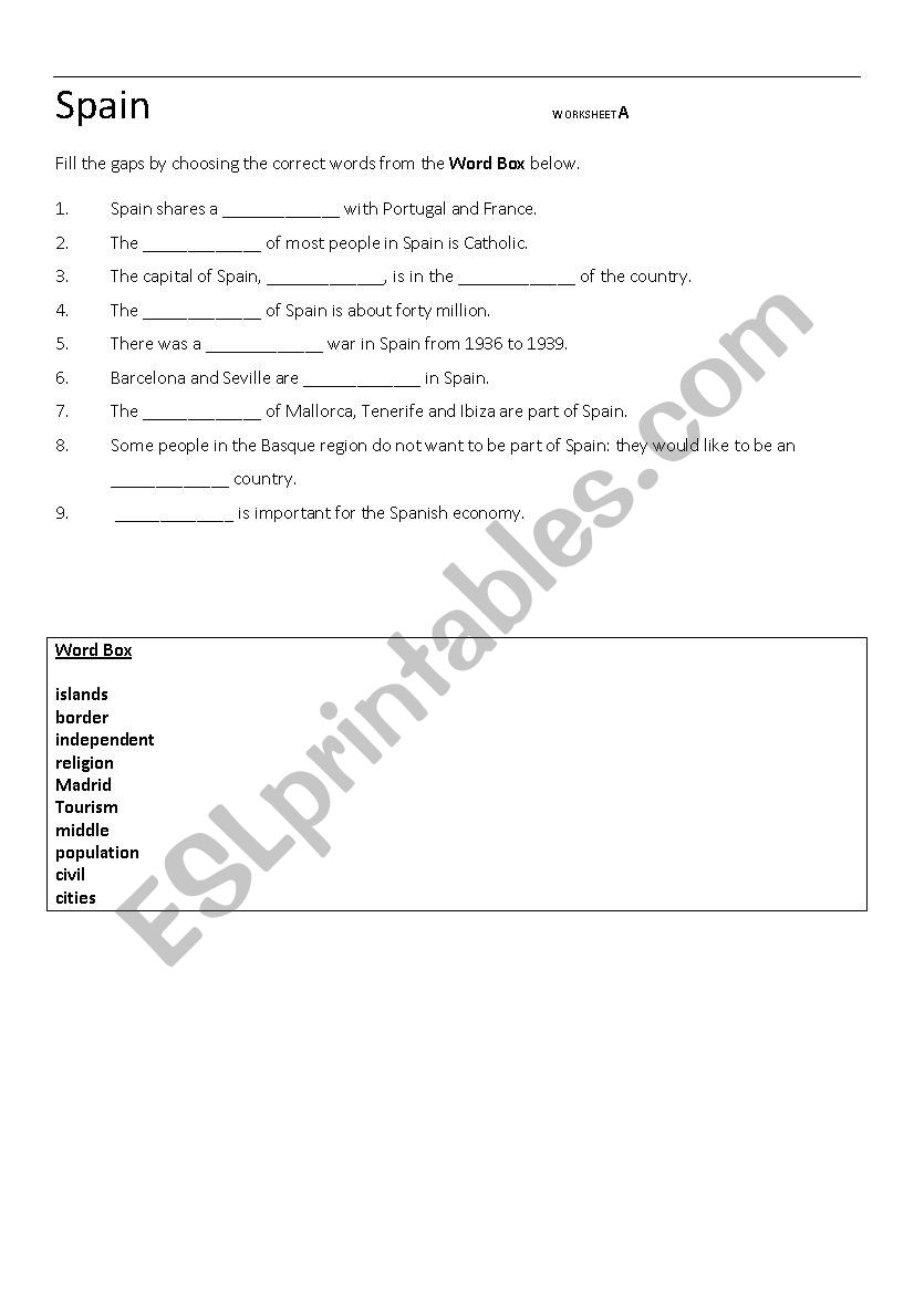 General Interest Worksheet about Spain