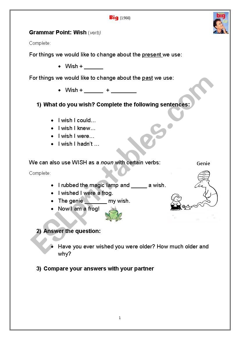 Movie BIG (1988) Tom Hanks worksheet