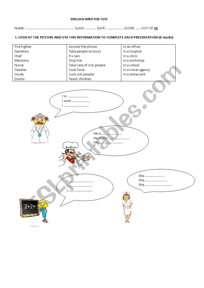 test jobs worksheet