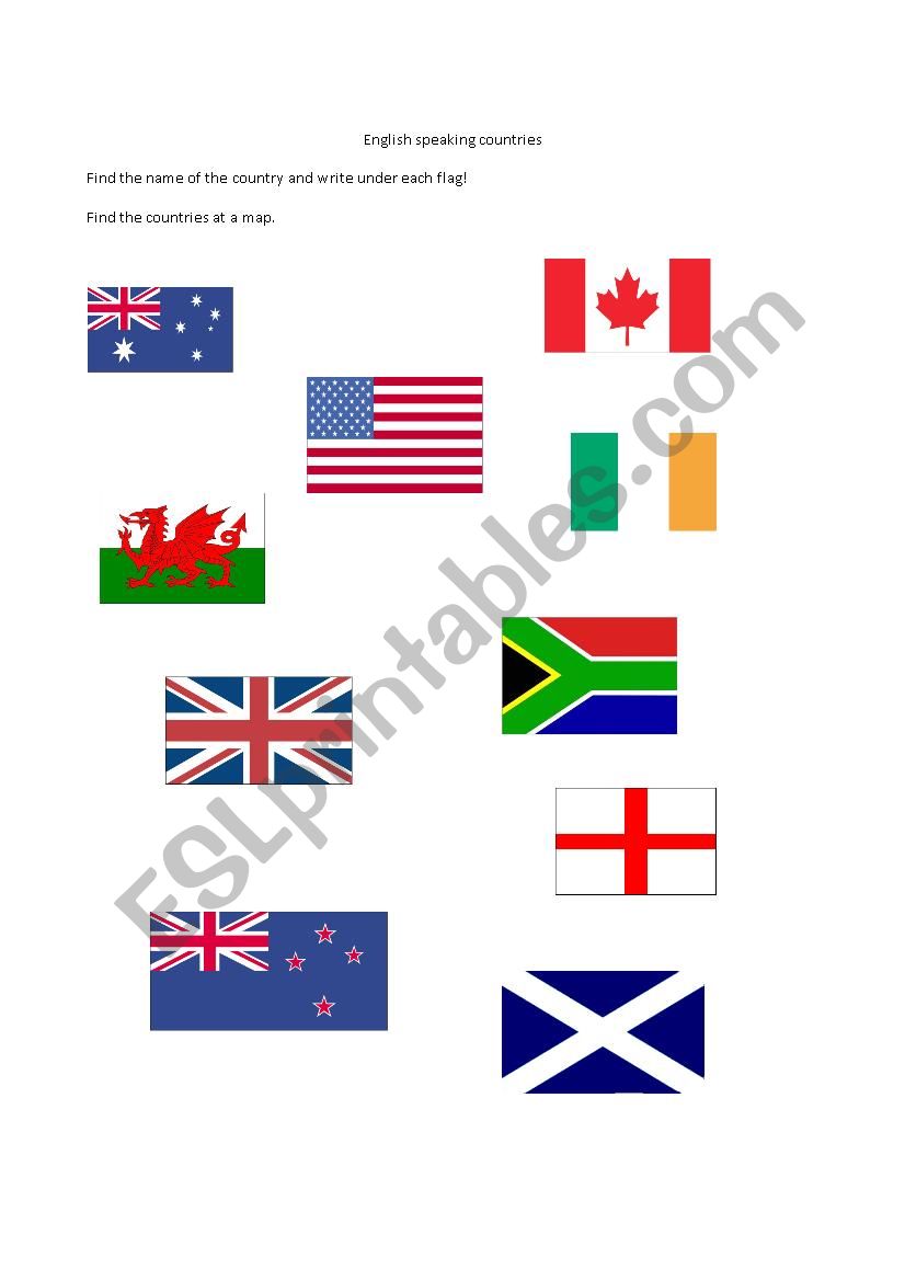 English speaking countries worksheet