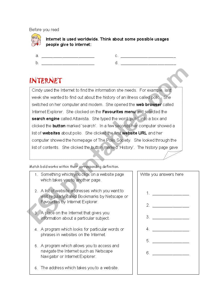 Internet and its usages worksheet