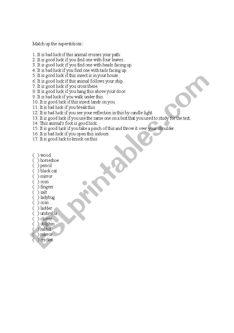 Supertitions worksheet